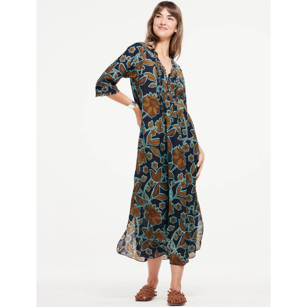 Oneseason Long Poppy Dress Oman Navy Floral Maxi Boho Resort Cotton M